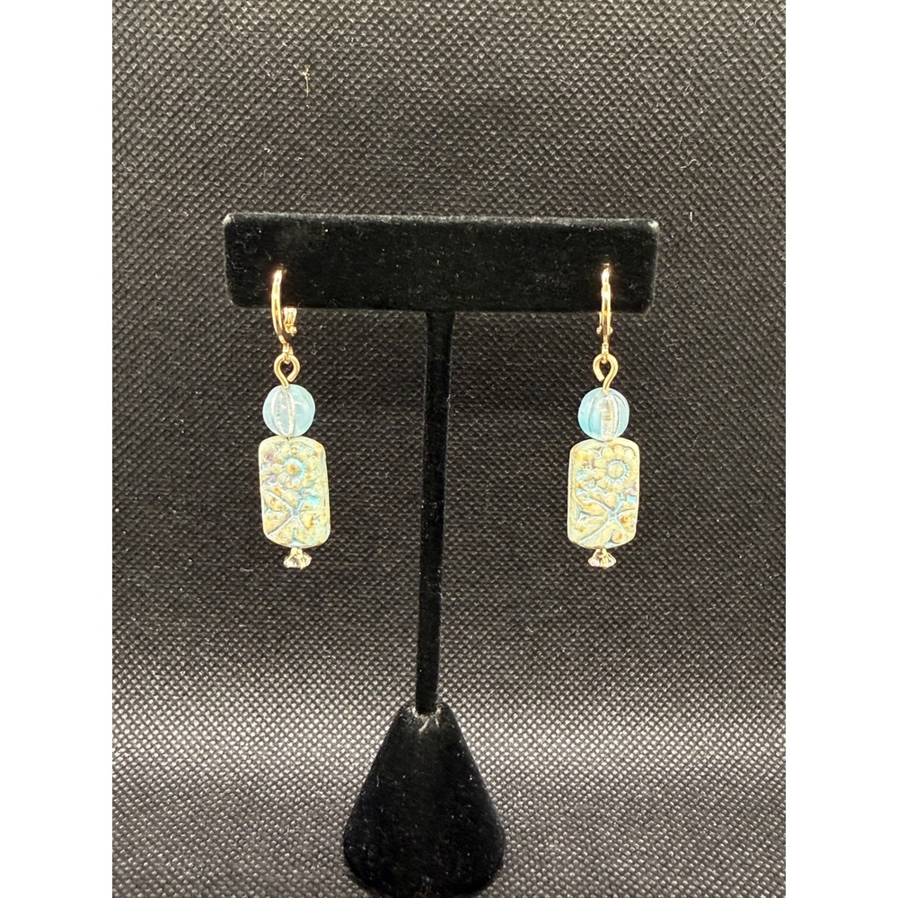Boho Floral & Blue Czech Glass Drop Earrings Gold Tone Lever Back Crystal Trim